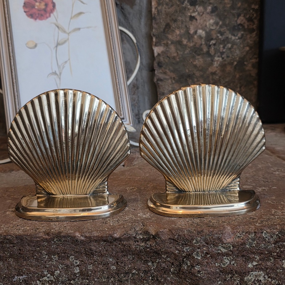 Vtg Solid Brass Shell Bookends Coastal Nautical Hollywood Regency MCM Grandma